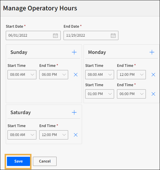 Manage operatory hours window with yellow box around the save button.